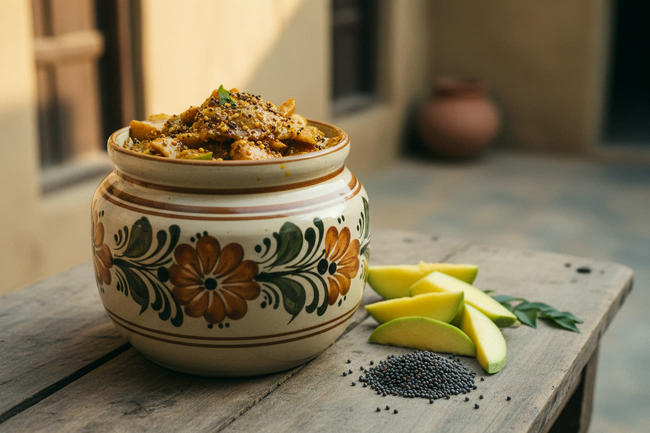 Mango achaar in a traditional ceramic martaban, set with fresh mango and leaves