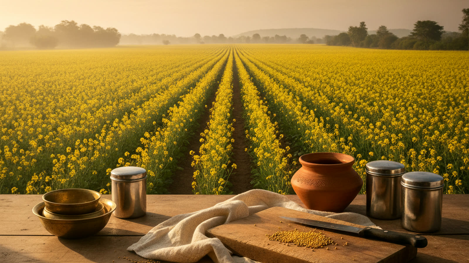 Yellow mustard field at golden hour, rows leading to the horizon