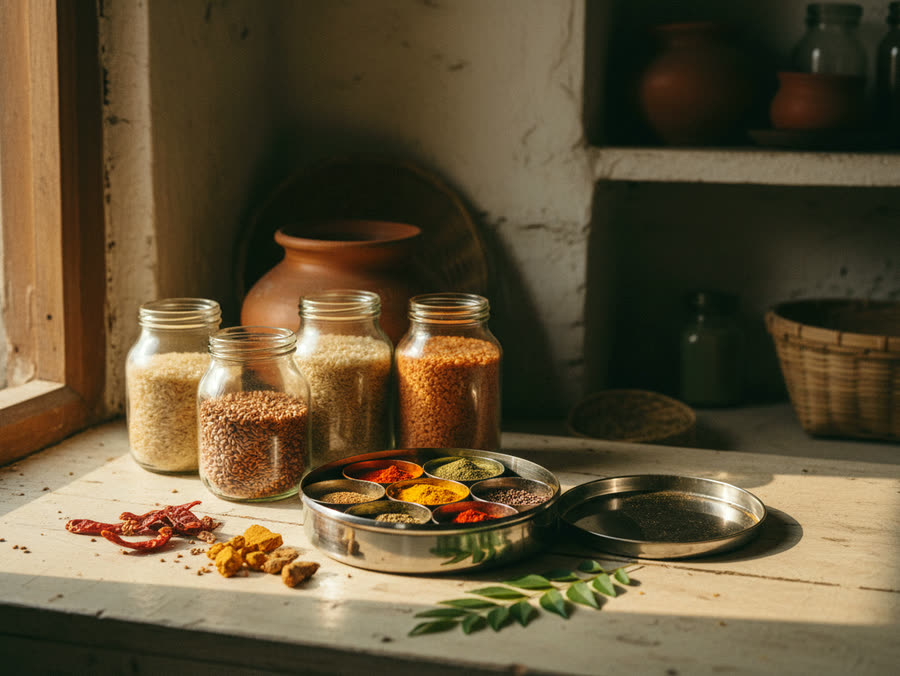 Glass jars of grains and a masala dabba on a sunlit pantry shelf