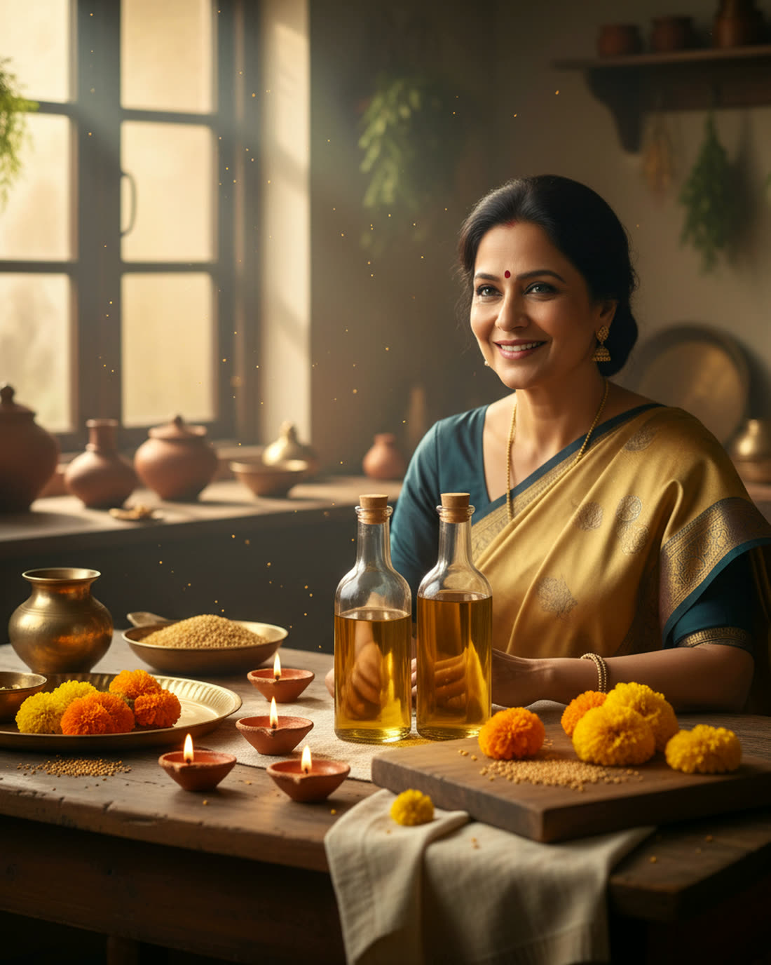 A home kitchen laid out with Organikaly cold-pressed yellow mustard oil