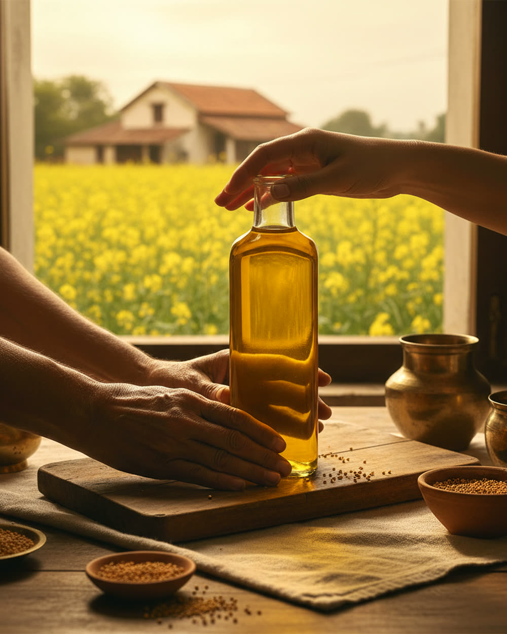 Weathered hands and a younger hand together cradling a bottle of Organikaly cold-pressed mustard oil over a sunlit field